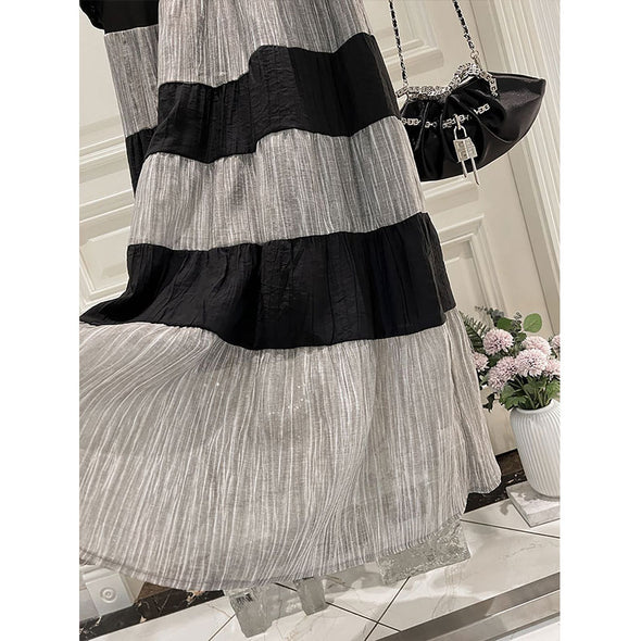 【M~2XL】薄手　Aライン　切替配色　パフスリーブ　夏ワンピース