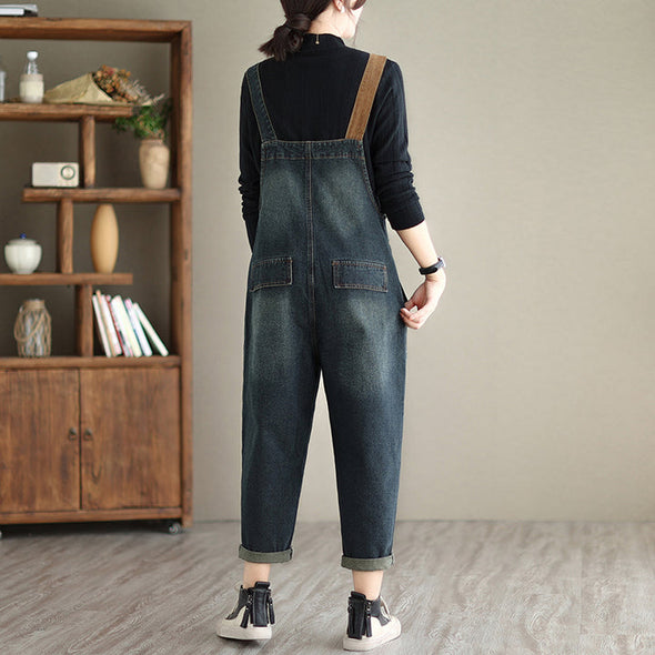 【M~2XL】大人カジュアル　デニムサロペットパンツ　ワイド風　サロペット