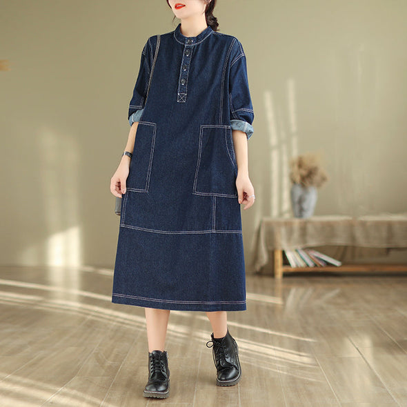 【M~2XL】シンプルカジュアル　ロングデニムワンピース