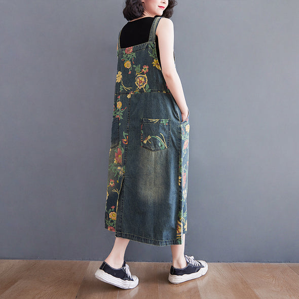 【M~2XL】花柄　ゆったりサイズ　カジュアル　可愛いデニムワンピース