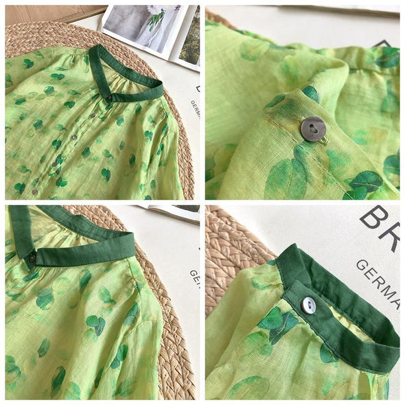 【S~2XL】韓国ファッション　綿麻　花柄　カジュア　薄手森ガール　ヘンリネック　夏シャツ