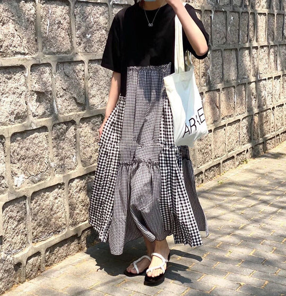 大人カジュアル　切替　Aライン　ロング丈ワンピース