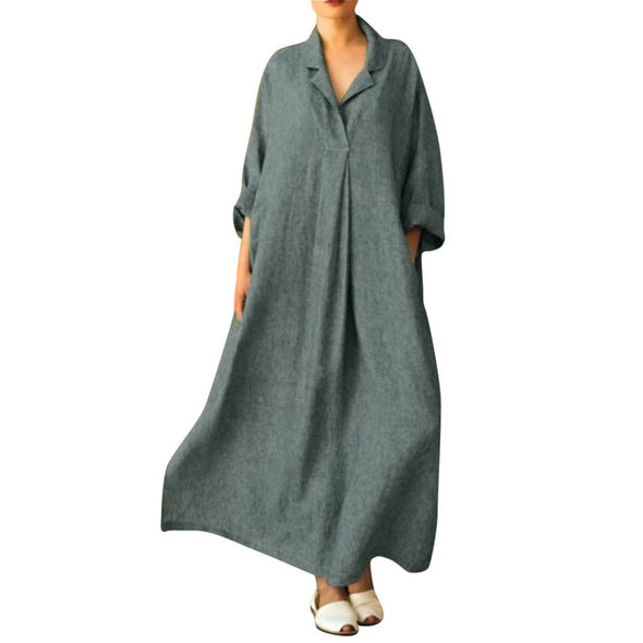 【S~5XL】シンプルカジュアル　無地　マキシ丈　シャツワンピース