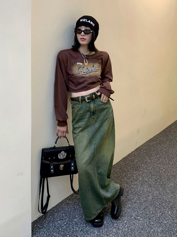 韓国ファッション　高品質　ロングマキシ丈　デニムスカート
