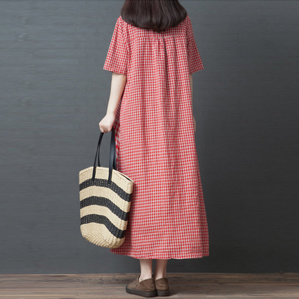 【M~2XL】大人カジュアル　切替　チェック柄　ゆったりサイズ　ロングワンピース