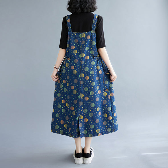 【Ⅿ~2XL】人かわいい　トッド柄　裾フリンジ　Aラインデニムワンピース