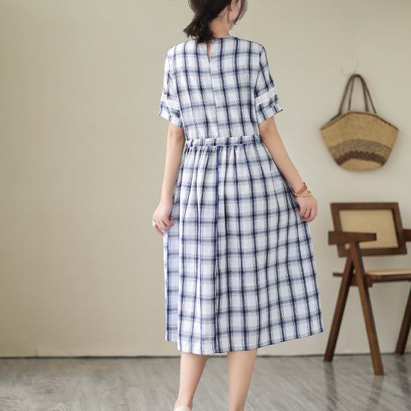 【M~2XL】大人カジュアル　チェック柄　　綿麻　レトロ　Aライン　シャツワンピース