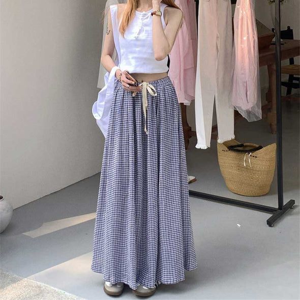 韓国ファッション　Aライン　マキシスカート　チェック柄　ロングスカート　夏スカート