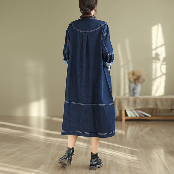 【M~2XL】シンプルカジュアル　秋冬　ロングデニムワンピース
