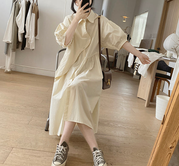 シンプルカジュアル　不規則デザイン　中袖　ロングシャツワンピース