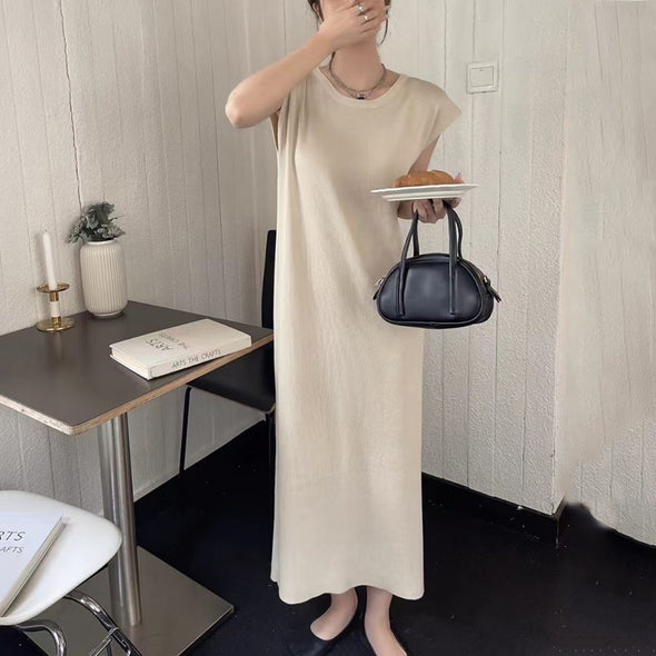 シンプル　夏　無地　キャップスリーブ　ロング丈　楽ちん　ワンピース