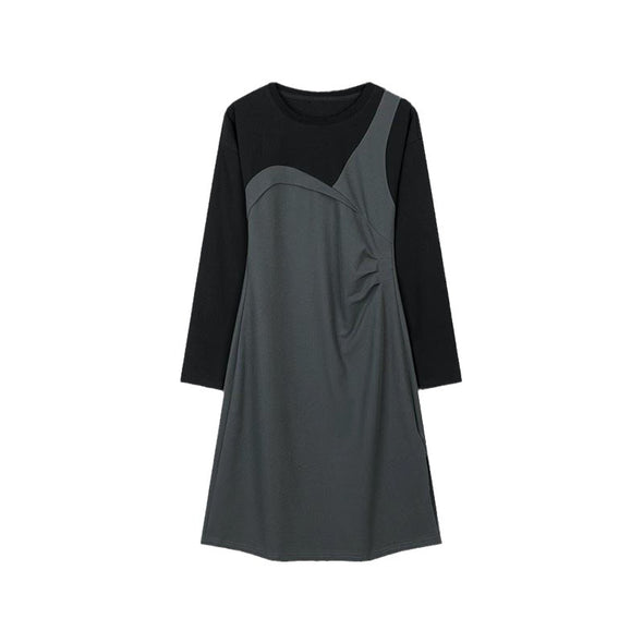 【S~2XL】大人カジュアル　オンオフ兼用　通勤　タック入り　膝丈ワンピース