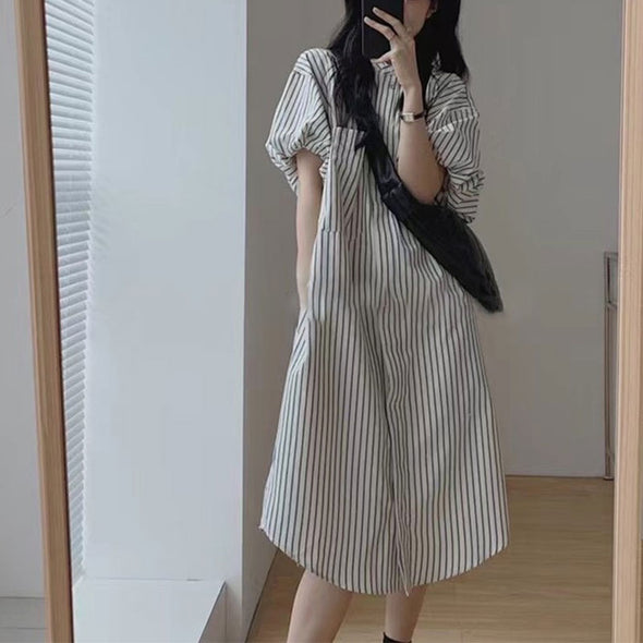 【M~2XL】大人カジュアル　オンオフ兼用　ストライプ柄　シャツワンピース