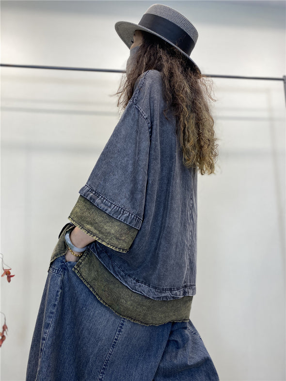 レトロ風　ぬけ感　ドロップスリーブ　9分袖デニムトップス