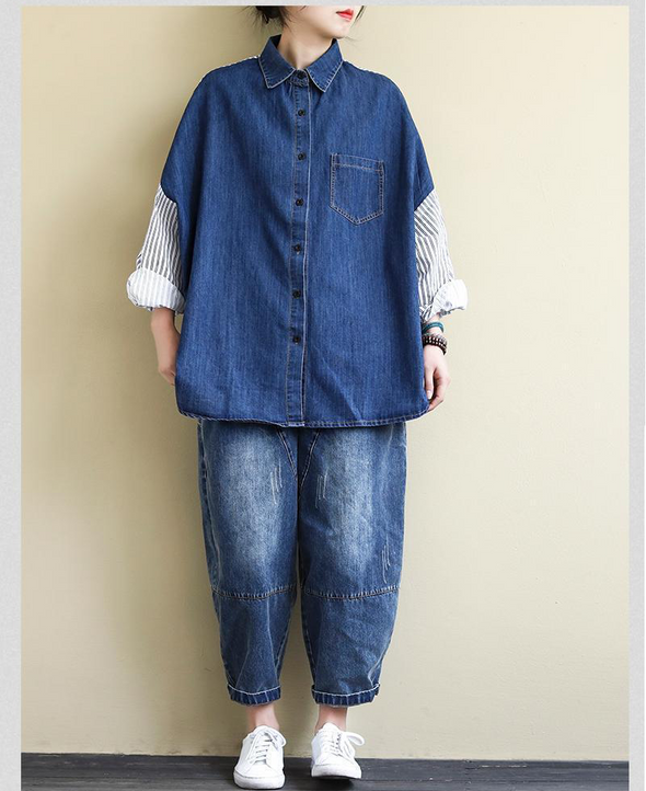 カジュアル　個性派　切替ストライプ　ゆるシルエット　デニムシャツ