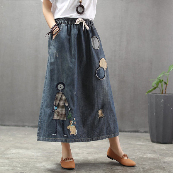 【L.XL】刺繍　レトロ　可愛い　　Aライン　デニムスカート