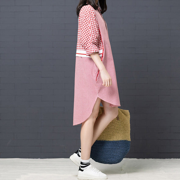 【S~XL】大人カジュアル　テールカット　チェック柄　スキッパーワンピース　ロング丈シャツ