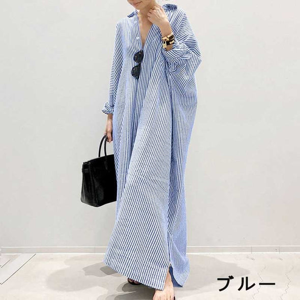 大人カジュアル　ストライプ　体型カバー　ロングマキシシャツワンピース