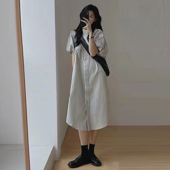 大人カジュアル　ボーダー　ランタンスリーブ　おしゃれ　シャツワンピース