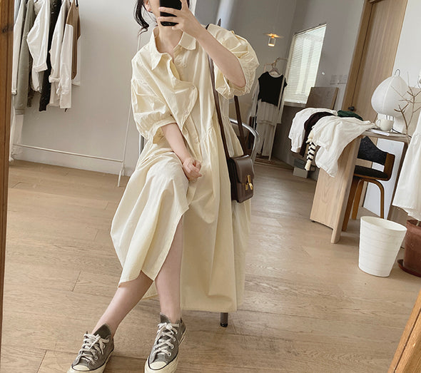 シンプルカジュアル　不規則デザイン　中袖　ロングシャツワンピース