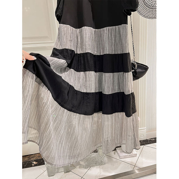 【M~2XL】薄手　Aライン　切替配色　パフスリーブ　夏ワンピース