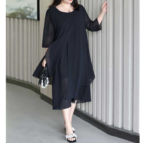 【4XL~8XL】無地シフォンワンピース　7分袖　無地　シフォンワンピース　着瘦せ効果　大きいサイズ　夏ワンピース