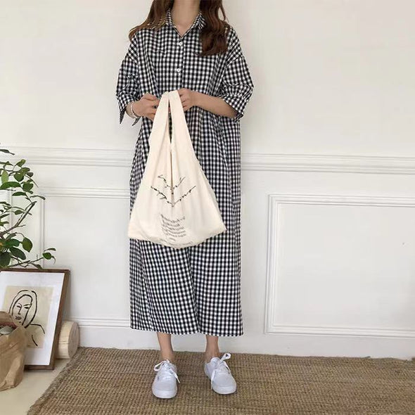 大人カジュアル　チェック柄　ロング丈　シャツワンピース