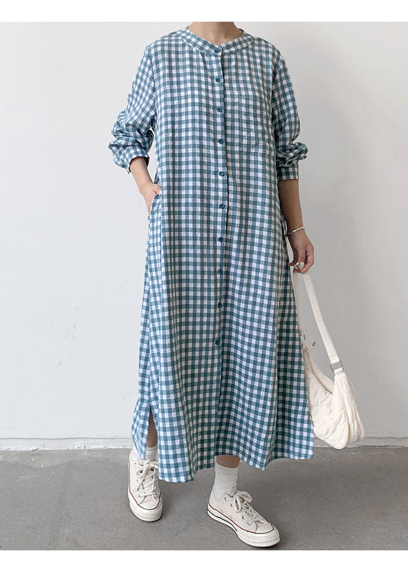 大人カジュアル　チェック柄　ロングシャツワンピース