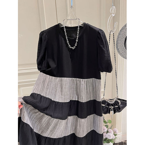【M~2XL】薄手　Aライン　切替配色　パフスリーブ　夏ワンピース