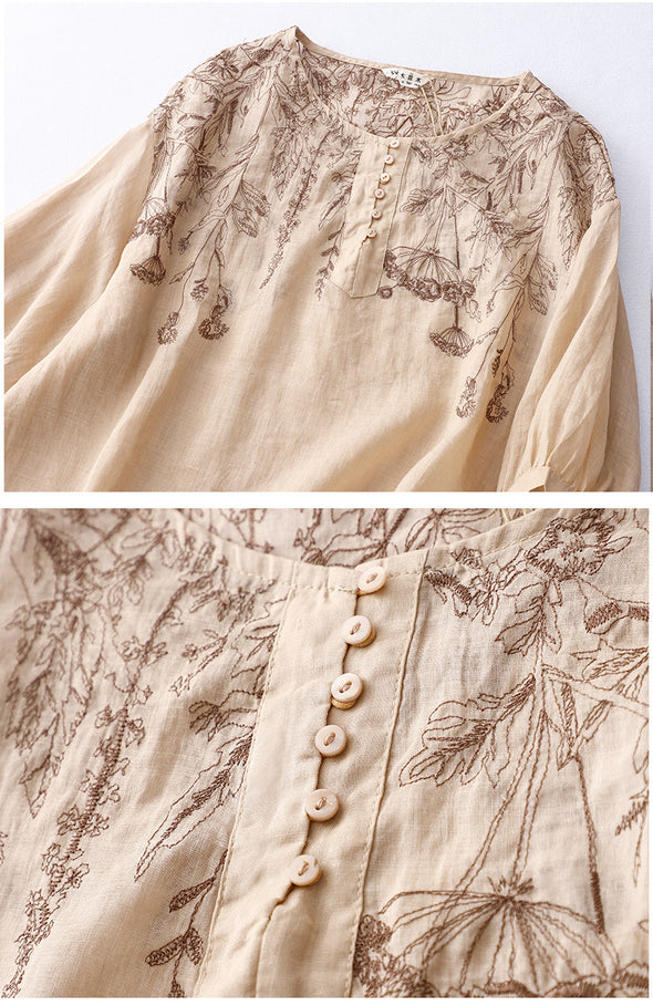 【M~2XL】リネン　レトロ風　エスニック　花柄　大人ブラウス