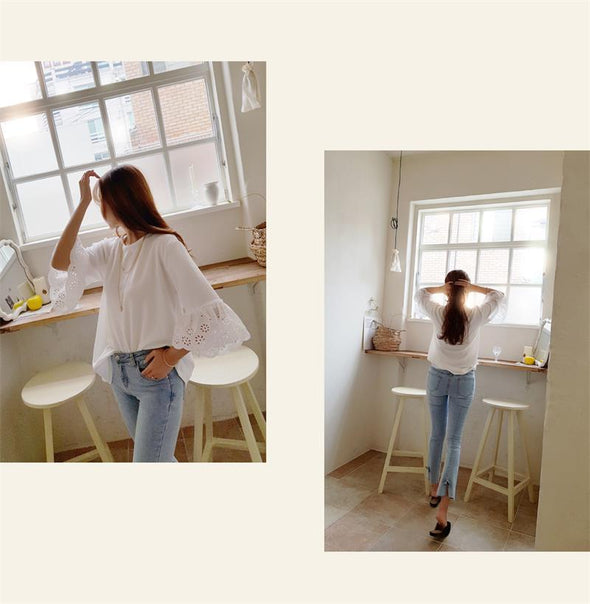 韓国ファッション　フレア袖　透かし彫り　ゆるシルエット　Tシャツ　ブラウス