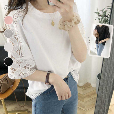 韓国ファッション　レース　ゆったり　中袖　透かし彫り　夏人気Ｔシャツ