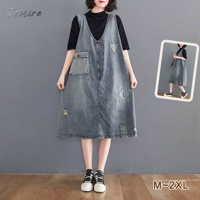 【M～2XL】夏デニム　ベストワンピース　ジャンパースカート　ｖネック　デニムワンピース