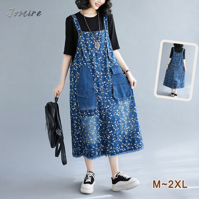 【M~2XL】大人かわいい　花柄　裾フリンジ　Aライン デニムワンピース
