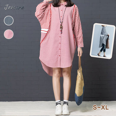 【S~XL】大人カジュアル　テールカット　チェック柄　スキッパーワンピース　ロング丈シャツ