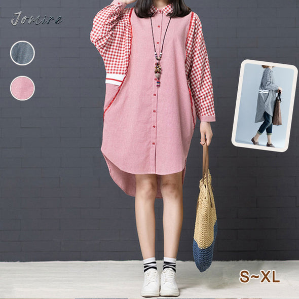 【S~XL】大人カジュアル　テールカット　チェック柄　スキッパーワンピース　ロング丈シャツ