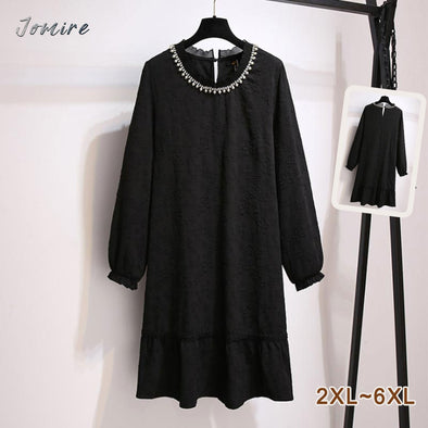 【2XL～6XL】上品　デートワンピース　大人ファッション　花柄刺繍入り　ネックビーズデザイン　着瘦せ　ロングワンピース