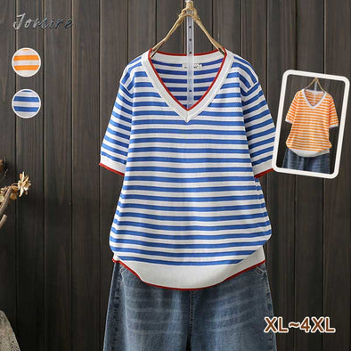 【XL~4XL】ストライプ柄　Vネック　ニットＴシャツ　レトロ　おしゃれTシャツ