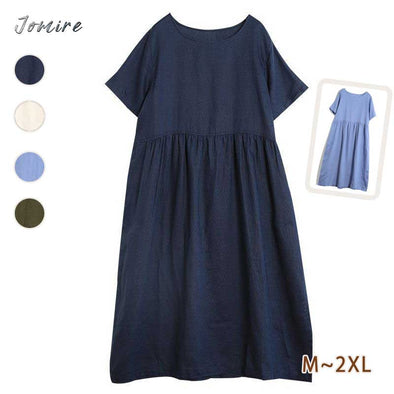 【M~2XL】綿麻　シンプル　無地　ワンピース　ロングワンピース