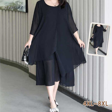 【4XL~8XL】無地シフォンワンピース　7分袖　無地　シフォンワンピース　着瘦せ効果　大きいサイズ　夏ワンピース