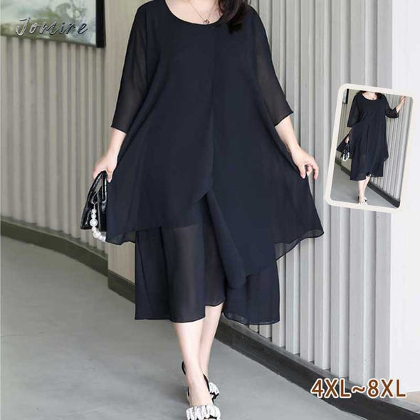 【4XL~8XL】無地シフォンワンピース　7分袖　無地　シフォンワンピース　着瘦せ効果　大きいサイズ　夏ワンピース