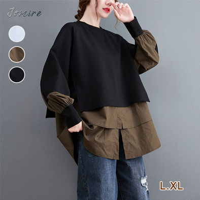 【L.XL】韓国ファッション　ゆるシルエット　切替　レイヤード風シャツ風トレーナー