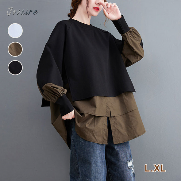 【L.XL】韓国ファッション　ゆるシルエット　切替　レイヤード風シャツ風トレーナー