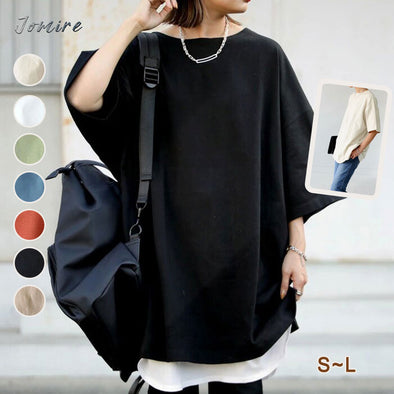 【S～L】シンプル　カジュアル　無地　ドロップスリーブ　ゆったりＴシャツ