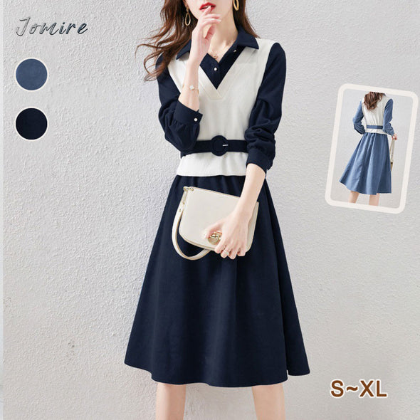 【S~XL】カジュアル　レイヤード風　Aライン　秋冬ワンピース