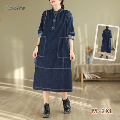 【M~2XL】シンプルカジュアル　秋冬　ロングデニムワンピース