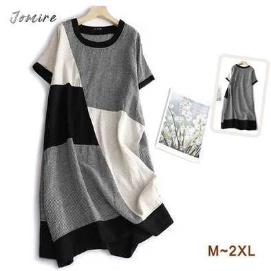 【M~2XL】大人カジュアル　夏　リネン生地　コントラスト　シンプル　人気ワンピース