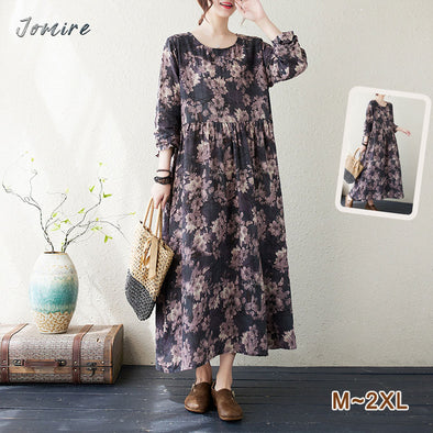 【M~2XL】ボタニカル　秋新作　体型カバー　Aライン　ロングワンピース