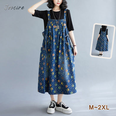 【Ⅿ~2XL】人かわいい　トッド柄　裾フリンジ　Aラインデニムワンピース