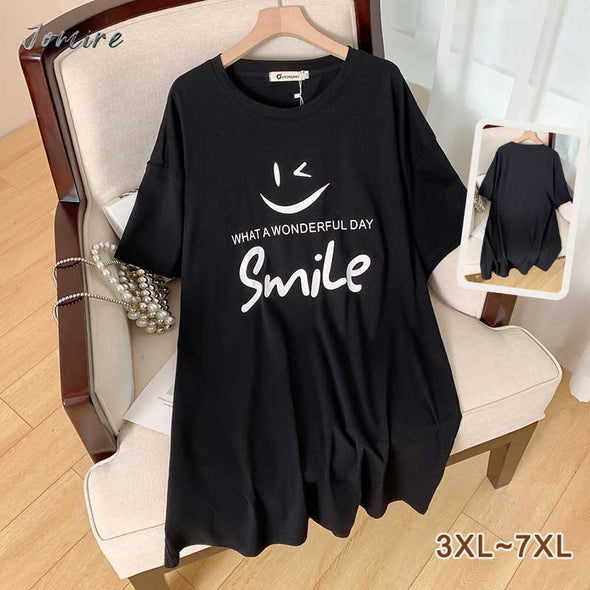 【3XL~7XL】スマイル　プリント　人気Ｔシャツ　ゆるシルエット　チュニックＴシャツ